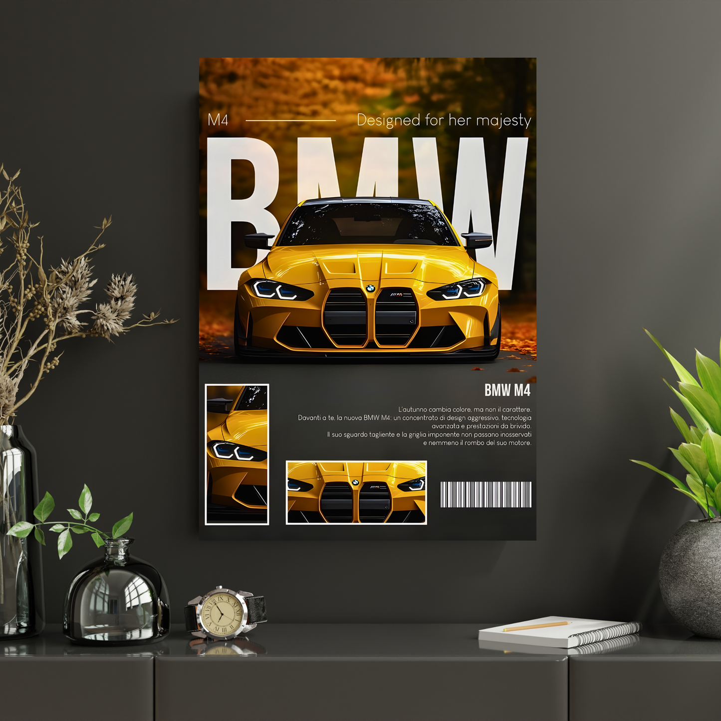BMW M4 Competition Poster Wall Art | Yellow BMW Sports Car Aesthetic Poster for Bedroom, Gaming Room & Office | Premium Automotive Decor Print