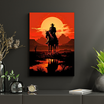 Western Cowboy Sunset Poster | Vintage Cowboy Wall Art | Wild West Horse Rider Poster for Bedroom, Office & Gaming Room | Premium Glossy Wall Poster
