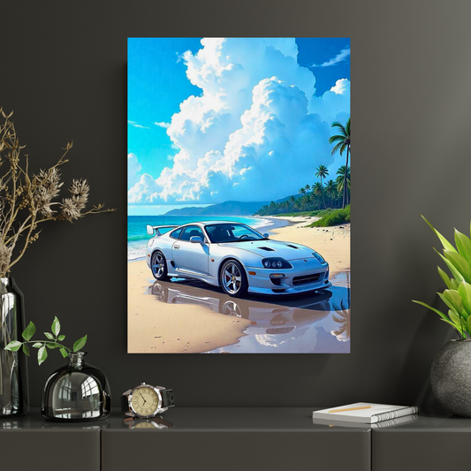 Toyota Supra Aesthetic Poster Wall Art | Tropical JDM Sports Car Artwork for Office, Garage & Gaming Room