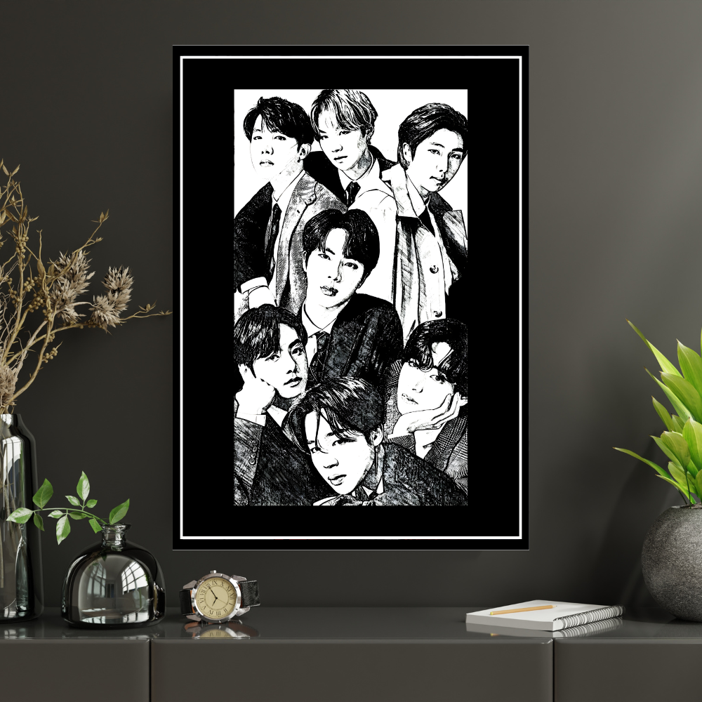 BTS Inspired K-Pop Boy Band 2D Framed Wall Art Poster | 7-Member Music Icon Sketch Design | HD Gloss Finish Fan Art Frame for Bedroom, Studio & Modern Home Décor