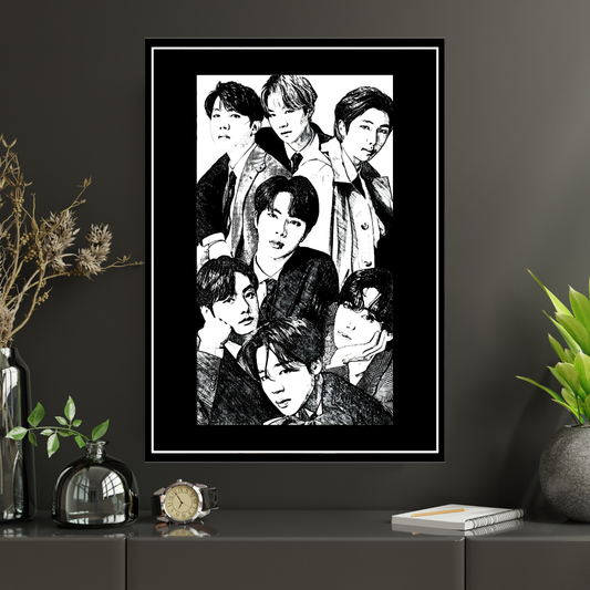 BTS Inspired K-Pop Boy Band 2D Framed Wall Art Poster | 7-Member Music Icon Sketch Design | HD Gloss Finish Fan Art Frame for Bedroom, Studio & Modern Home Décor