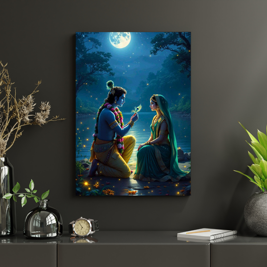Radha Krishna Moonlight Poster | Lord Krishna & Radha Romantic Wall Art | Spiritual Hindu Devotional Poster for Home, Mandir & Bedroom | Premium Glossy Print