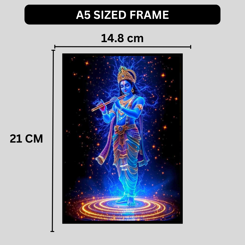 Lord Krishna Playing Flute Cosmic Wall Art | HD Glossy 2D Frame | Divine Krishna Spiritual Poster for Home Mandir, Living Room & Meditation Space