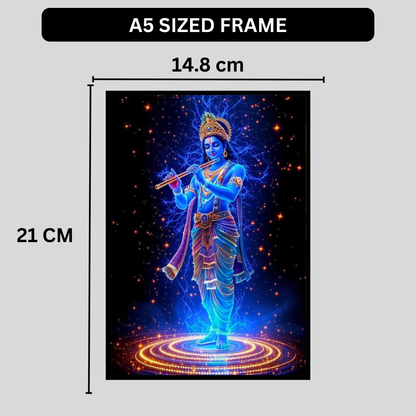 Lord Krishna Playing Flute Cosmic Wall Art | HD Glossy 2D Frame | Divine Krishna Spiritual Poster for Home Mandir, Living Room & Meditation Space