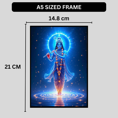 Lord Krishna Cosmic Flute Wall Art | Divine Krishna Playing Bansuri Poster | HD Glossy 2D Frame | Spiritual Krishna Wall Décor for Home, Mandir & Meditation