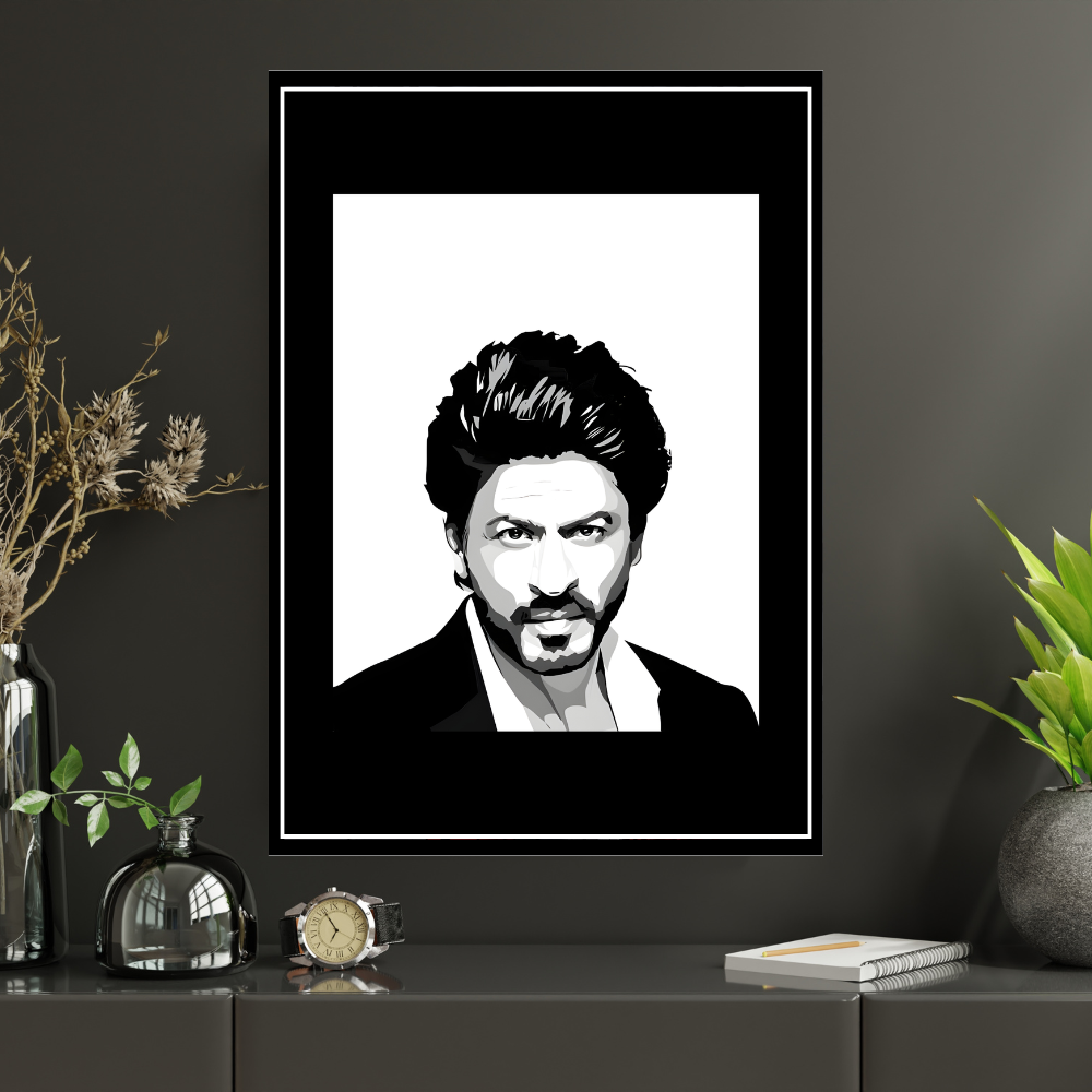 SHAHRUKH KHAN Inspired Portrait 2D Framed Wall Art Poster | King Khan Aesthetic | HD Gloss Finish Black & White Celebrity Silhouette Frame for Home & Office Décor