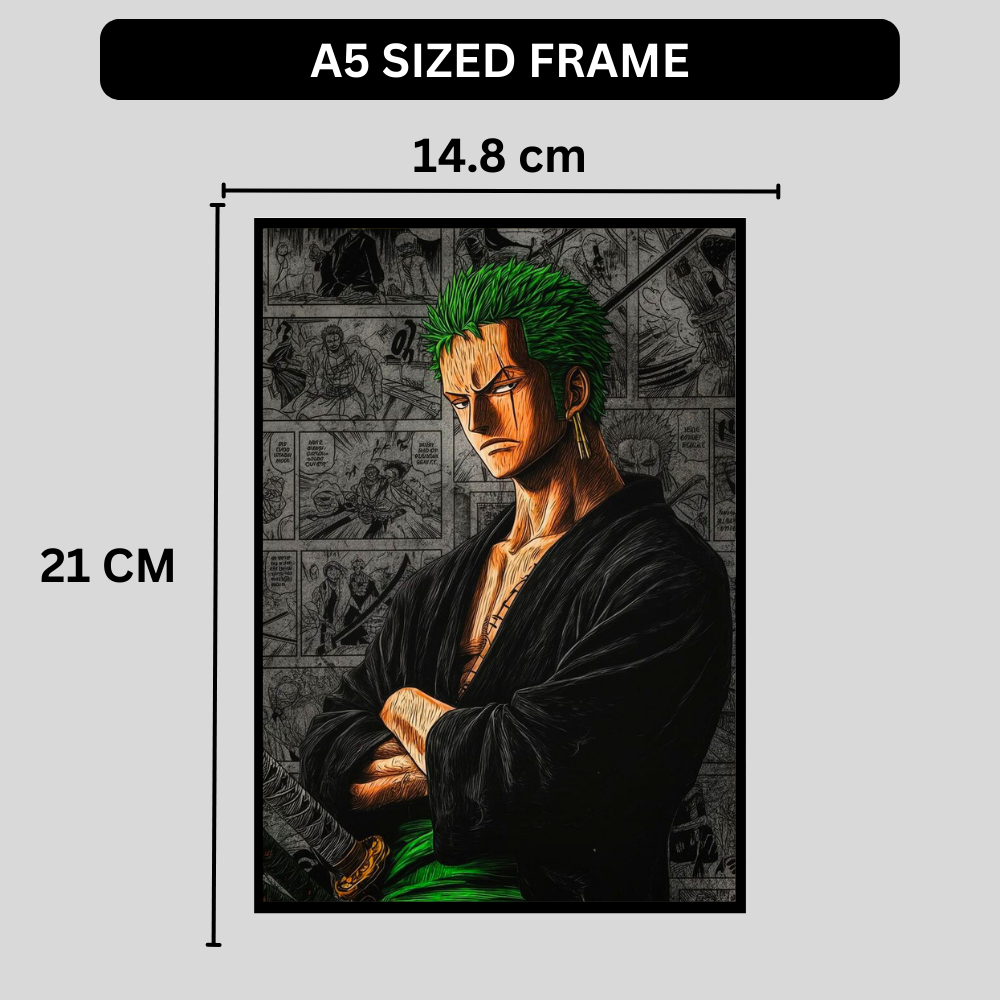 Roronoa Zoro 2D Glossy HD Wall Frame | One Piece Anime Swordsman Artwork | Manga Panel Background Poster | Premium Gloss Finish Wall Decor for Anime Fans