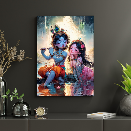 Cute Radha Krishna Poster | Lord Krishna Playing Flute with Radha Wall Art | Devotional Cartoon Style Hindu Poster for Home, Pooja Room & Kids Room | Premium Glossy Prin