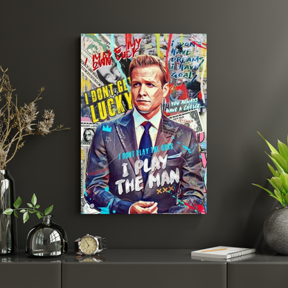 Harvey Specter Quote Wall Poster | “I Don’t Play the Odds, I Play the Man” Motivational Pop Art | Modern Office & Bedroom Wall Decor | Premium Glossy Poster