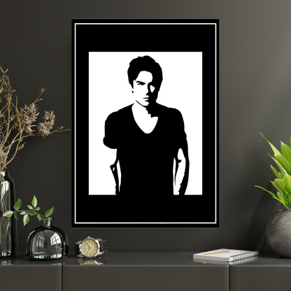Damon Salvatore Inspired Portrait 2D Framed Wall Art Poster | The Vampire Diaries Aesthetic | HD Gloss Finish Black & White Silhouette Frame for Bedroom & Studio