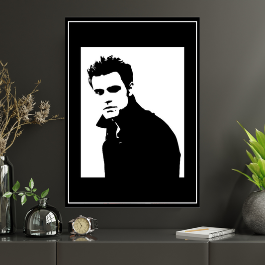 STEFAN SALVATORE Portrait 2D Framed Wall Art Poster | The Vampire Diaries Aesthetic | HD Gloss Finish Black & White Gothic Wall Frame