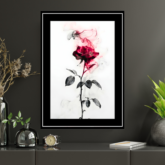 Abstract Red Rose Smoke Art 2D Framed Wall Poster | Romantic Floral Artwork with Smoke Effect | HD Matte Finish Modern Wall Frame for Home & Office Décor