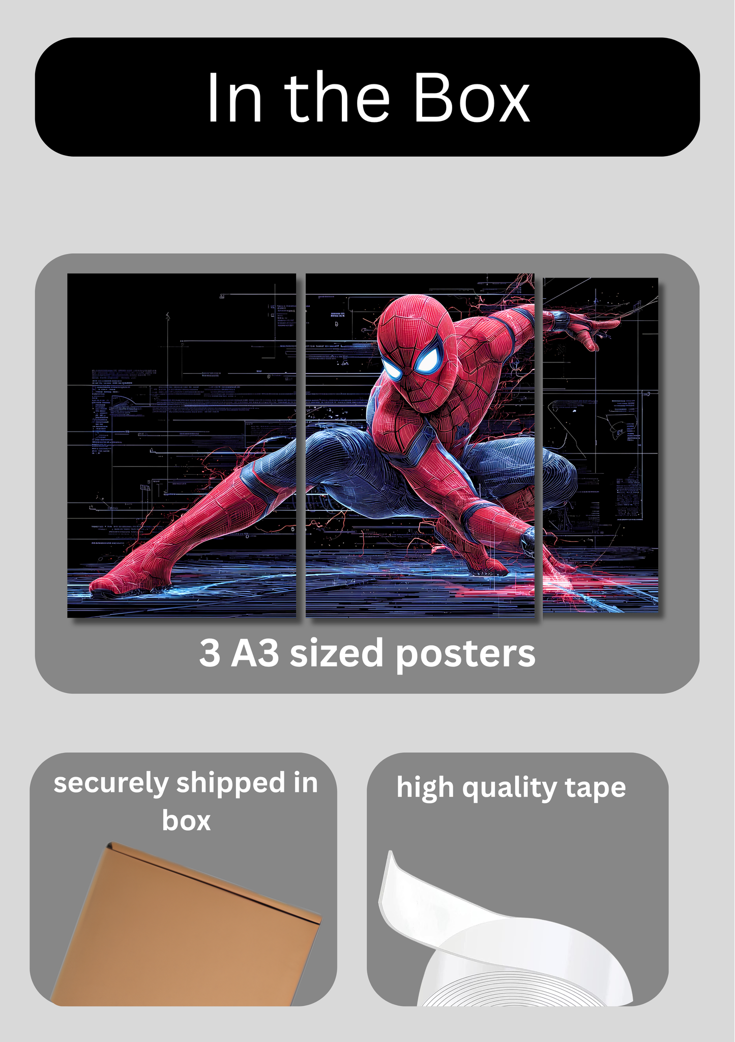 Spider Mann Split Poster for Wall | 3 Large A3 Sized Spider Mann Posters for Room Decor | Huge 89 x 42 cm Superhero Wall Art for Bedroom, Gaming Room & Office