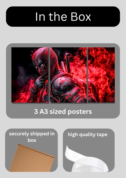Deadpool Split Poster for Wall | 3 Large A3 Sized Marvel Deadpool Posters for Room Decor | Huge 89 x 42 cm Superhero Wall Art for Bedroom, Gaming Room & Office