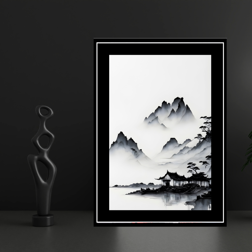 Minimalist Ink Mountain Landscape 2D Framed Wall Art Poster | Japanese Zen Style Misty Mountains & Lake Painting | HD Matte Finish Modern Wall Frame for Home & Office Décor
