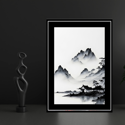 Minimalist Ink Mountain Landscape 2D Framed Wall Art Poster | Japanese Zen Style Misty Mountains & Lake Painting | HD Matte Finish Modern Wall Frame for Home & Office Décor