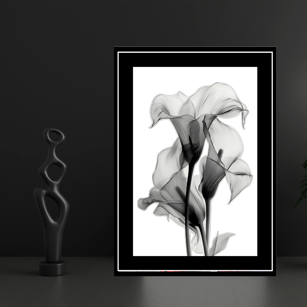 Abstract Monochrome Floral Art 2D Framed Wall Poster | Minimalist Black & White Flower Illustration | HD Matte Finish Modern Wall Frame for Home & Office Décor
