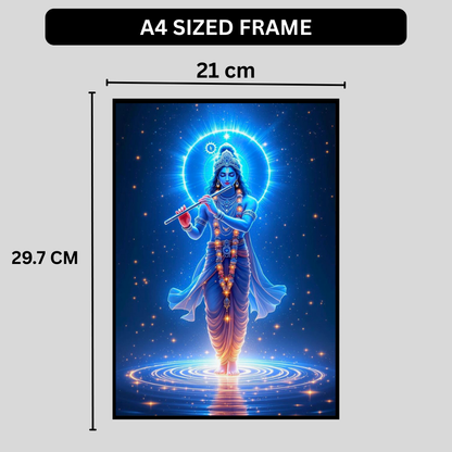 Lord Krishna Cosmic Flute Wall Art | Divine Krishna Playing Bansuri Poster | HD Glossy 2D Frame | Spiritual Krishna Wall Décor for Home, Mandir & Meditation