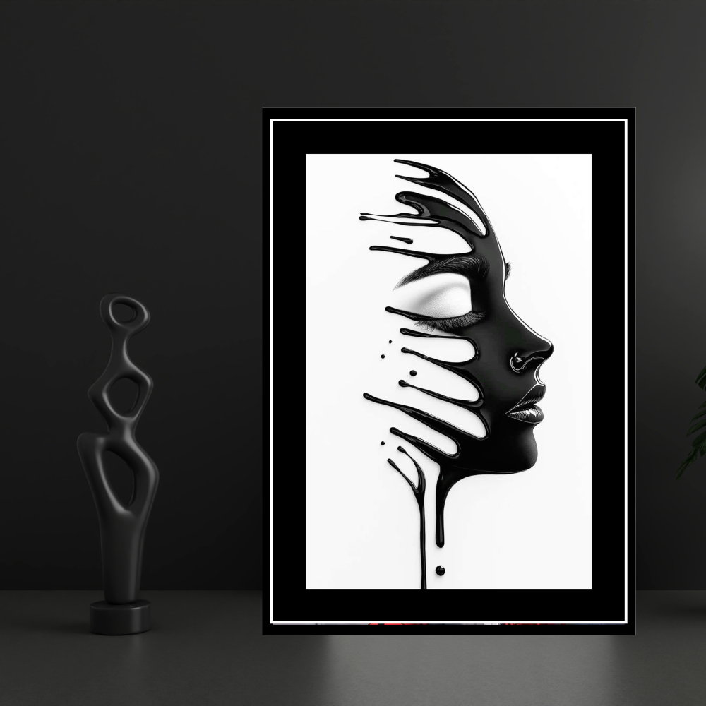Abstract Black Liquid Face Wall Art 2D Framed Poster | Modern Minimalist Portrait Design | HD Gloss Finish Contemporary Wall Frame for Home & Office Décor