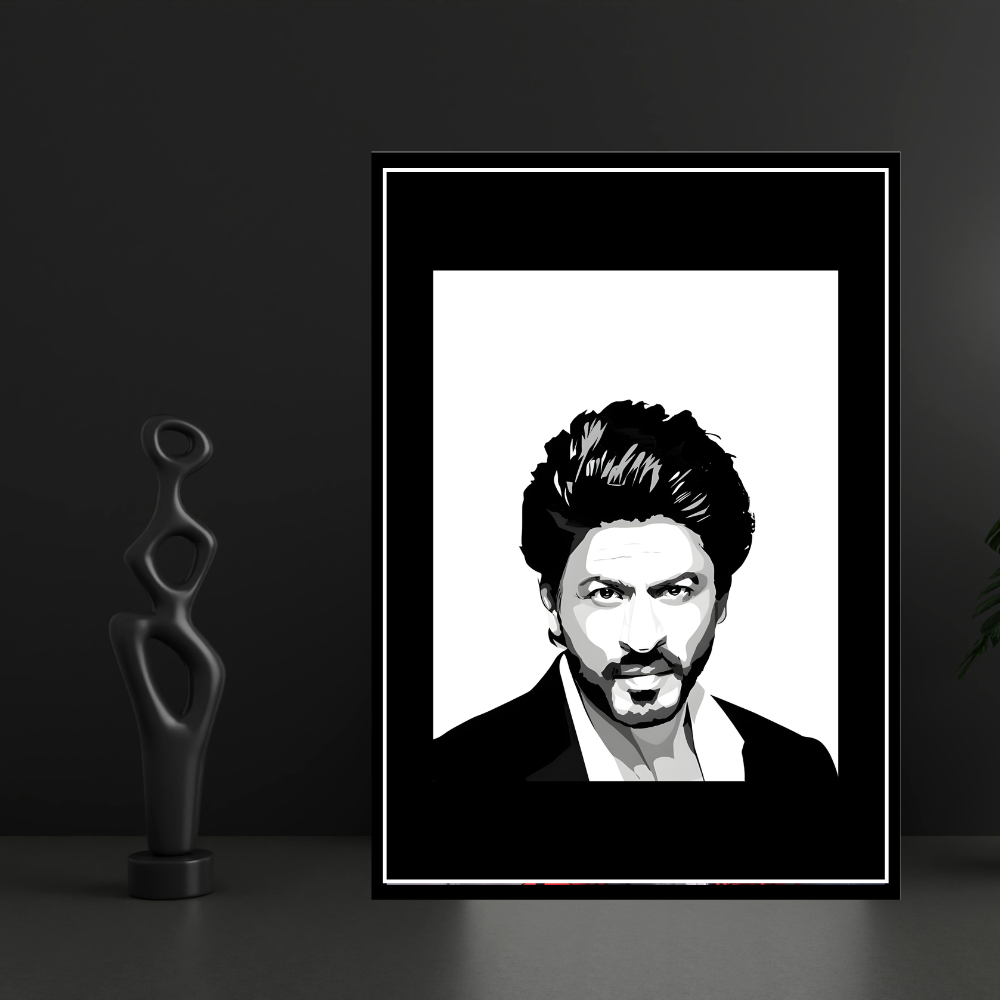 SHAHRUKH KHAN Inspired Portrait 2D Framed Wall Art Poster | King Khan Aesthetic | HD Gloss Finish Black & White Celebrity Silhouette Frame for Home & Office Décor