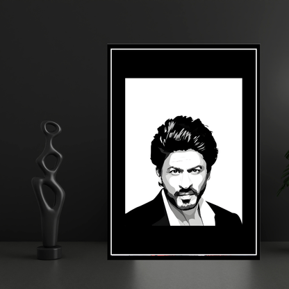 SHAHRUKH KHAN Inspired Portrait 2D Framed Wall Art Poster | King Khan Aesthetic | HD Gloss Finish Black & White Celebrity Silhouette Frame for Home & Office Décor