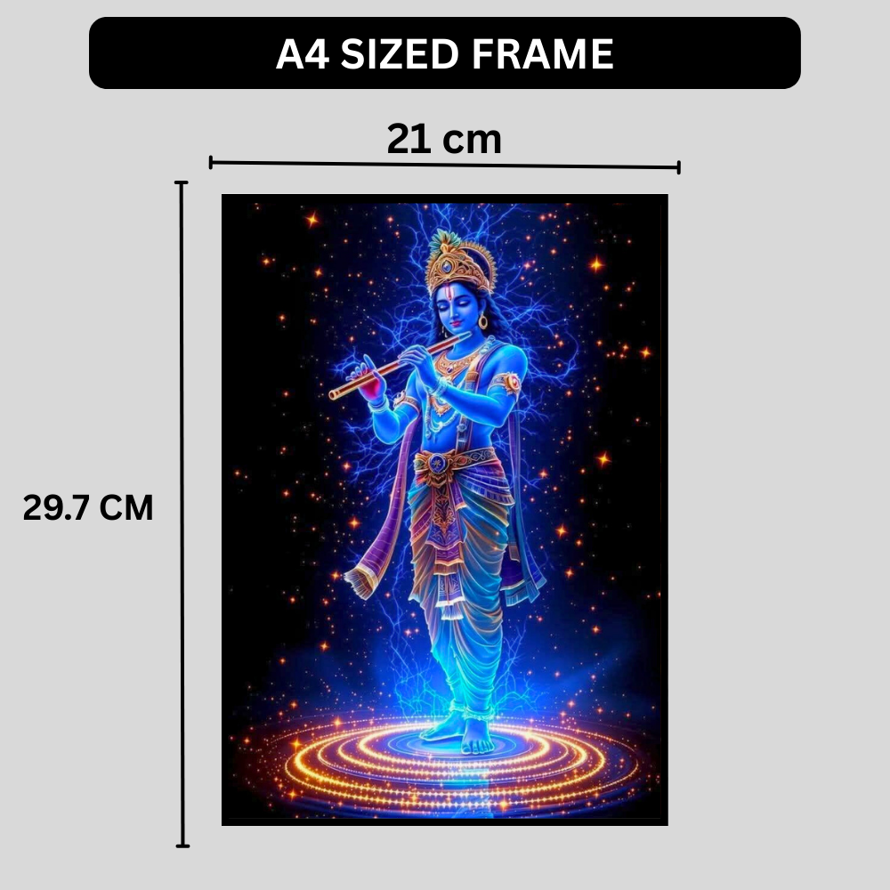 Lord Krishna Playing Flute Cosmic Wall Art | HD Glossy 2D Frame | Divine Krishna Spiritual Poster for Home Mandir, Living Room & Meditation Space