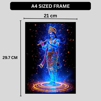 Lord Krishna Playing Flute Cosmic Wall Art | HD Glossy 2D Frame | Divine Krishna Spiritual Poster for Home Mandir, Living Room & Meditation Space