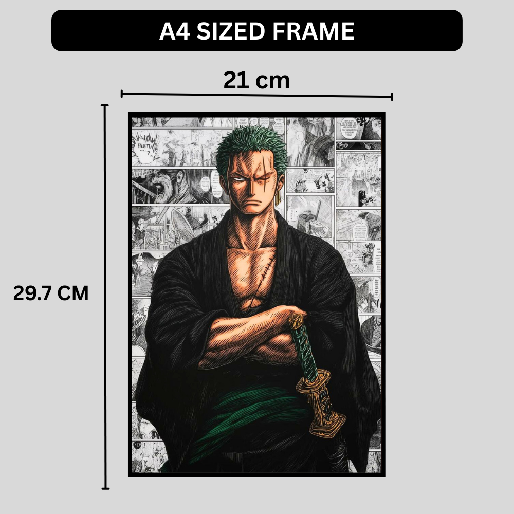 Roronoa Zoro 2D Glossy HD Wall Frame | One Piece Anime Samurai Artwork | Manga Collage Poster | Premium Gloss Finish Wall Decor for Anime Fans