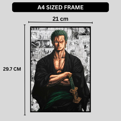 Roronoa Zoro 2D Glossy HD Wall Frame | One Piece Anime Samurai Artwork | Manga Collage Poster | Premium Gloss Finish Wall Decor for Anime Fans