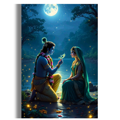 Radha Krishna Moonlight Poster | Lord Krishna & Radha Romantic Wall Art | Spiritual Hindu Devotional Poster for Home, Mandir & Bedroom | Premium Glossy Print
