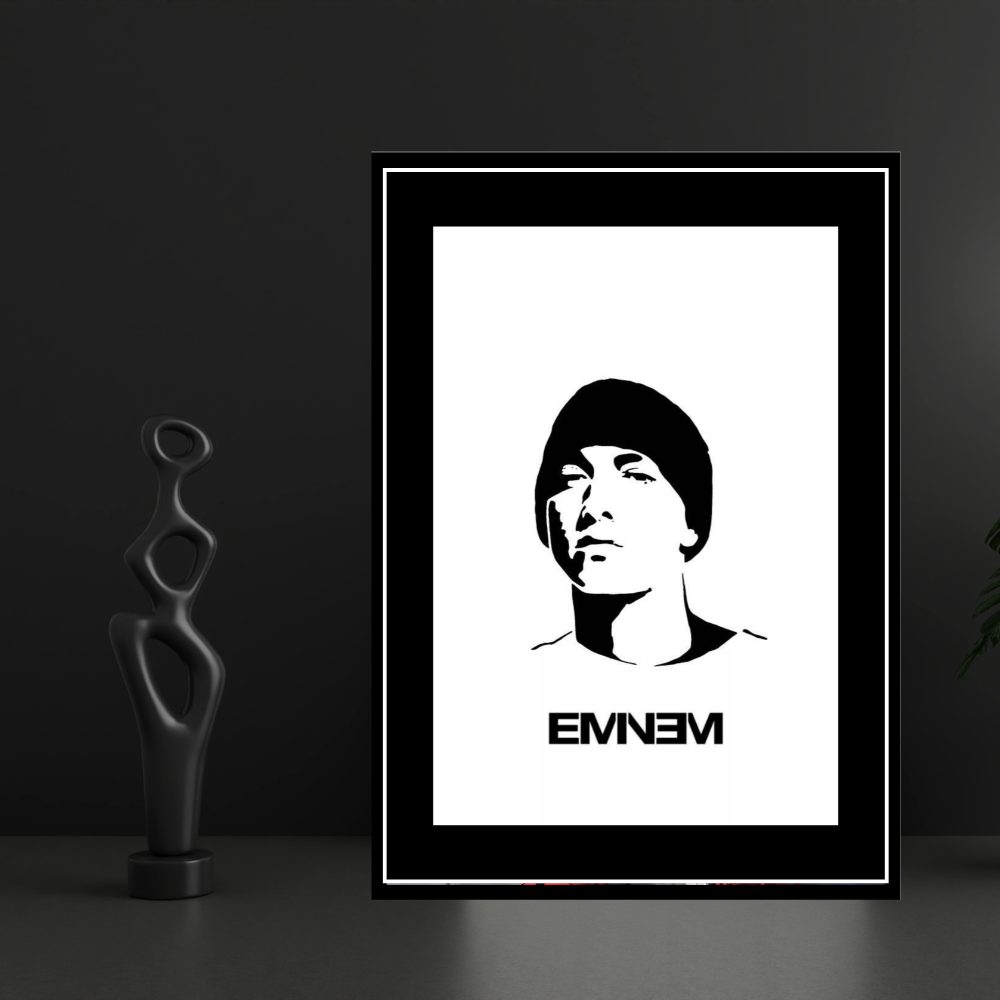 Eminem Inspired Minimalist Portrait 2D Framed Wall Art Poster | Hip-Hop Rap Icon Aesthetic | HD Gloss Finish Black & White Silhouette Frame for Bedroom & Studio Décor