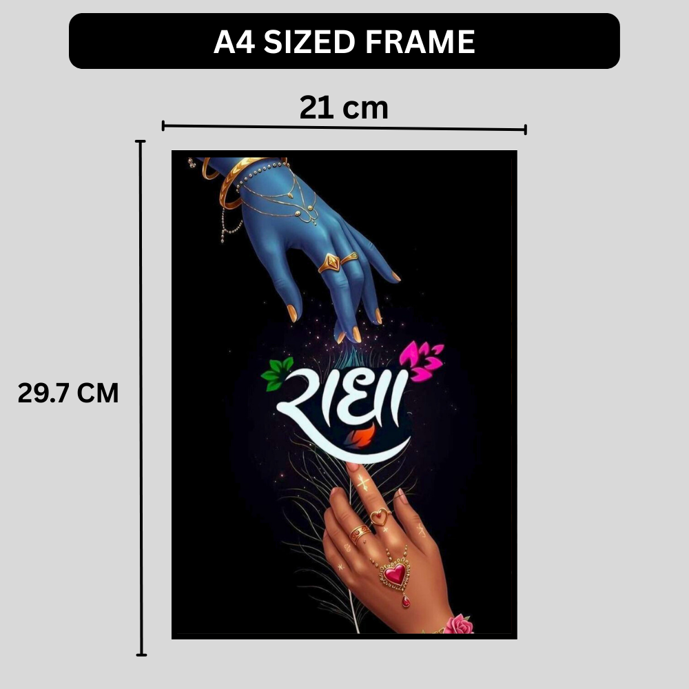 Radha–Lord Krishna Divine Union Wall Art | Radha Krishna Hand Symbolism Poster | HD Glossy 2D Frame | Spiritual Love & Bhakti Wall Décor for Home & Mandir