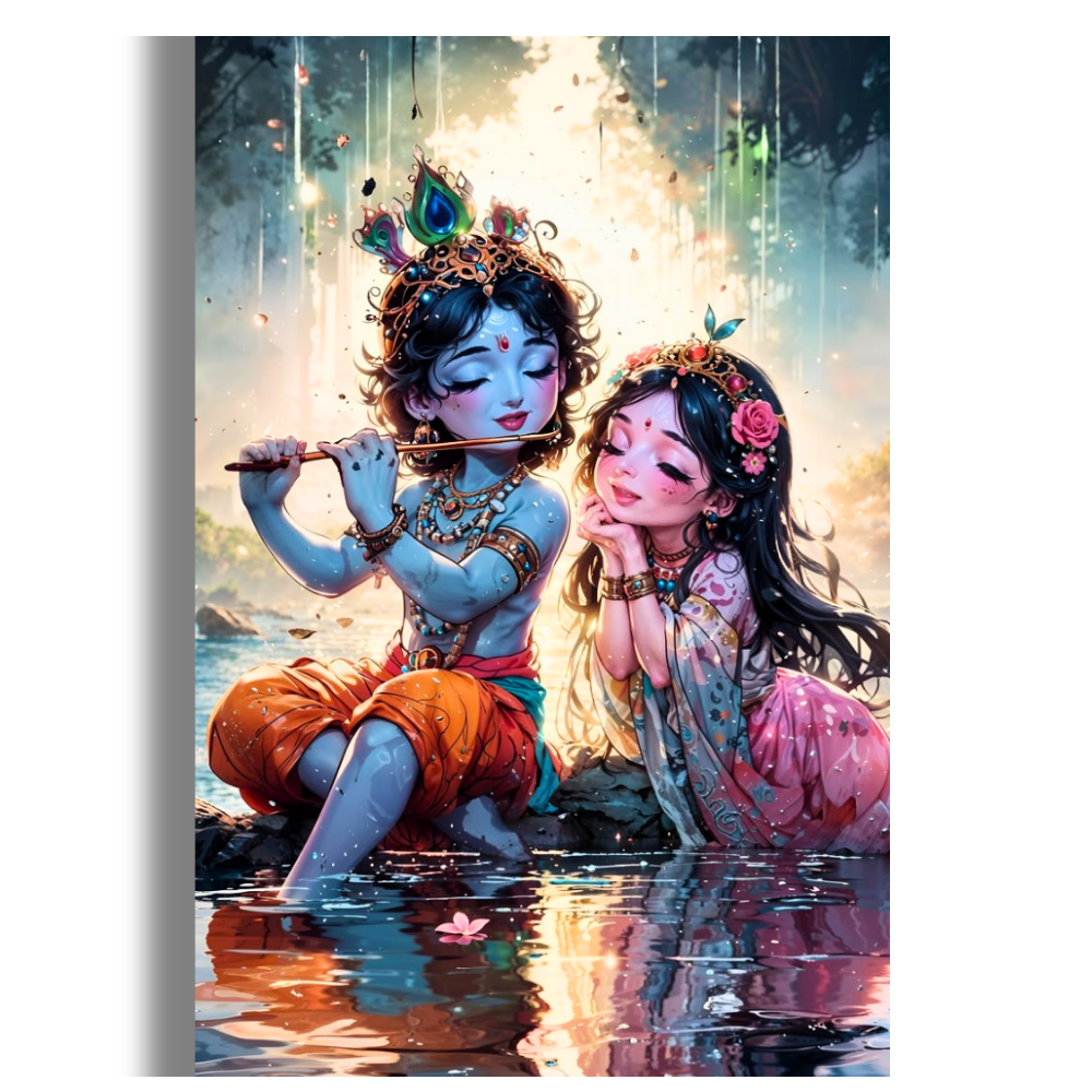 Cute Radha Krishna Poster | Lord Krishna Playing Flute with Radha Wall Art | Devotional Cartoon Style Hindu Poster for Home, Pooja Room & Kids Room | Premium Glossy Prin