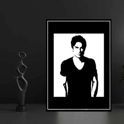 Damon Salvatore Inspired Portrait 2D Framed Wall Art Poster | The Vampire Diaries Aesthetic | HD Gloss Finish Black & White Silhouette Frame for Bedroom & Studio