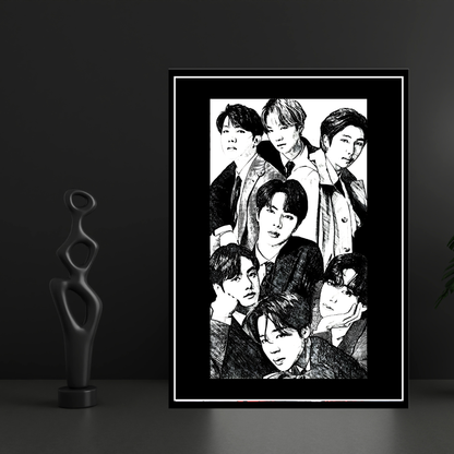 BTS Inspired K-Pop Boy Band 2D Framed Wall Art Poster | 7-Member Music Icon Sketch Design | HD Gloss Finish Fan Art Frame for Bedroom, Studio & Modern Home Décor