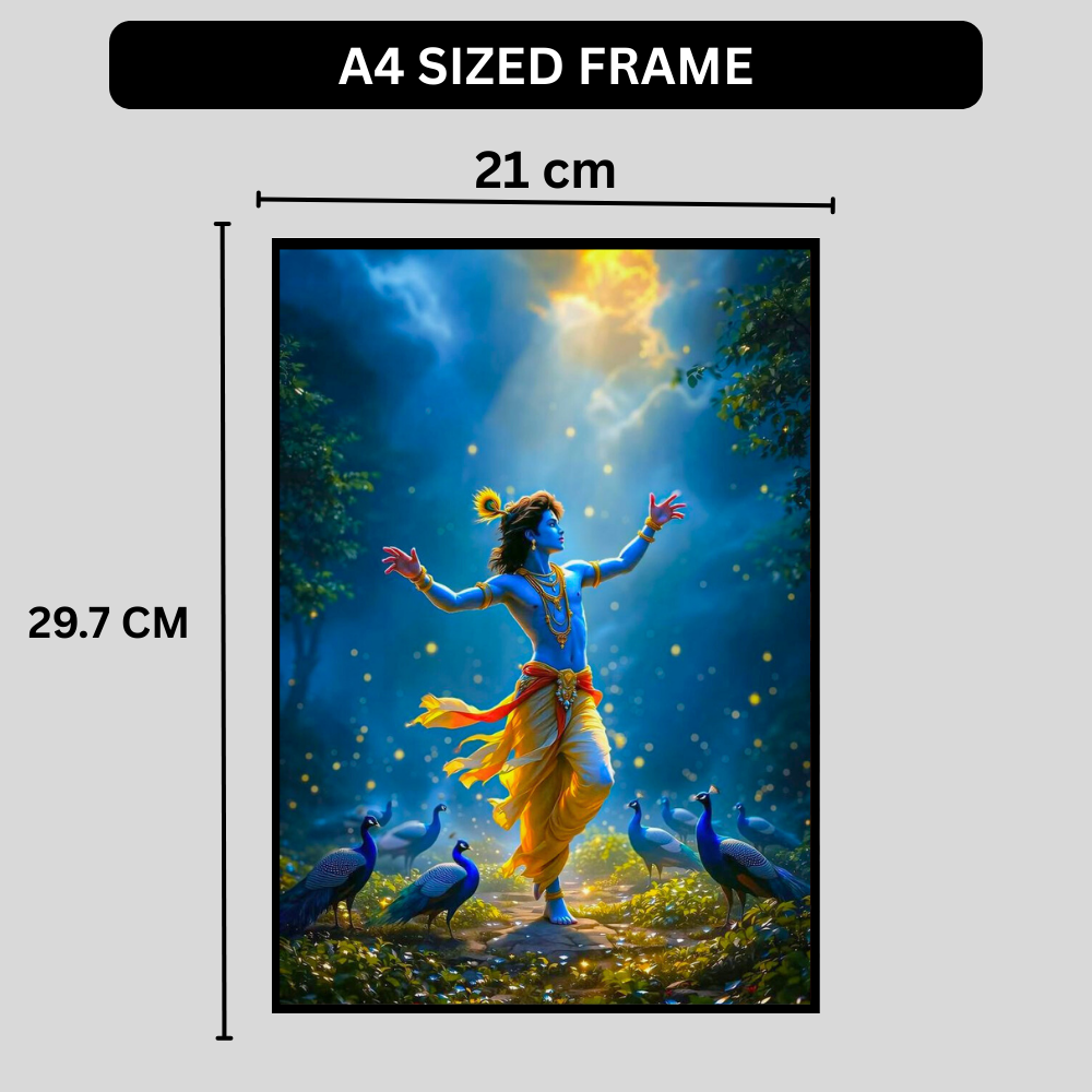 Lord Krishna Dancing with Peacocks Wall Art | Divine Krishna Nritya Poster | HD Glossy 2D Frame | Premium Spiritual Wall Décor for Home, Mandir & Living Room