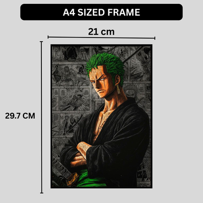 Roronoa Zoro 2D Glossy HD Wall Frame | One Piece Anime Swordsman Artwork | Manga Panel Background Poster | Premium Gloss Finish Wall Decor for Anime Fans