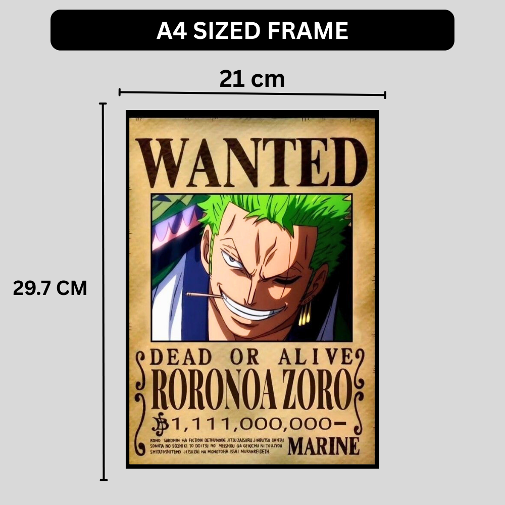 Roronoa Zoro Wanted Poster Wall Art 2D Framed | One Piece Anime Swordsman Character Bounty Artwork | Dead or Alive Pirate Poster | HD High Gloss Finish | Premium Wall Frame for Anime Fans
