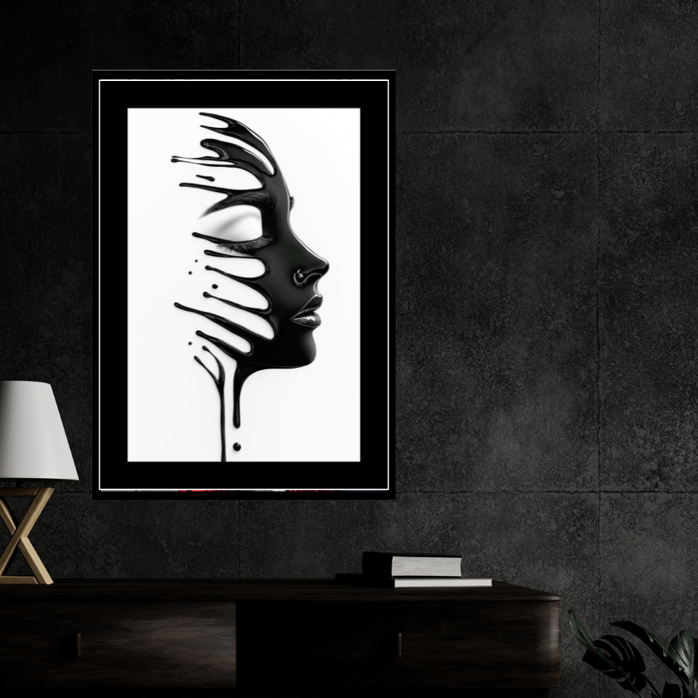 Abstract Black Liquid Face Wall Art 2D Framed Poster | Modern Minimalist Portrait Design | HD Gloss Finish Contemporary Wall Frame for Home & Office Décor