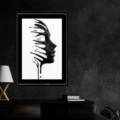Abstract Black Liquid Face Wall Art 2D Framed Poster | Modern Minimalist Portrait Design | HD Gloss Finish Contemporary Wall Frame for Home & Office Décor