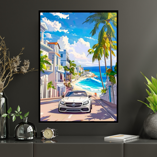 White Mercedes Framed Car Wall Art – Premium Automotive Decor for Car Enthusiasts