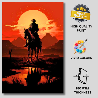 Western Cowboy Sunset Poster | Vintage Cowboy Wall Art | Wild West Horse Rider Poster for Bedroom, Office & Gaming Room | Premium Glossy Wall Poster