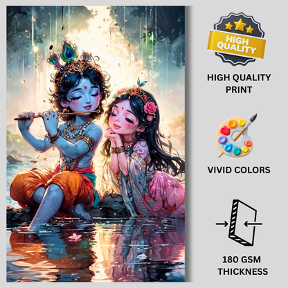 Cute Radha Krishna Poster | Lord Krishna Playing Flute with Radha Wall Art | Devotional Cartoon Style Hindu Poster for Home, Pooja Room & Kids Room | Premium Glossy Prin