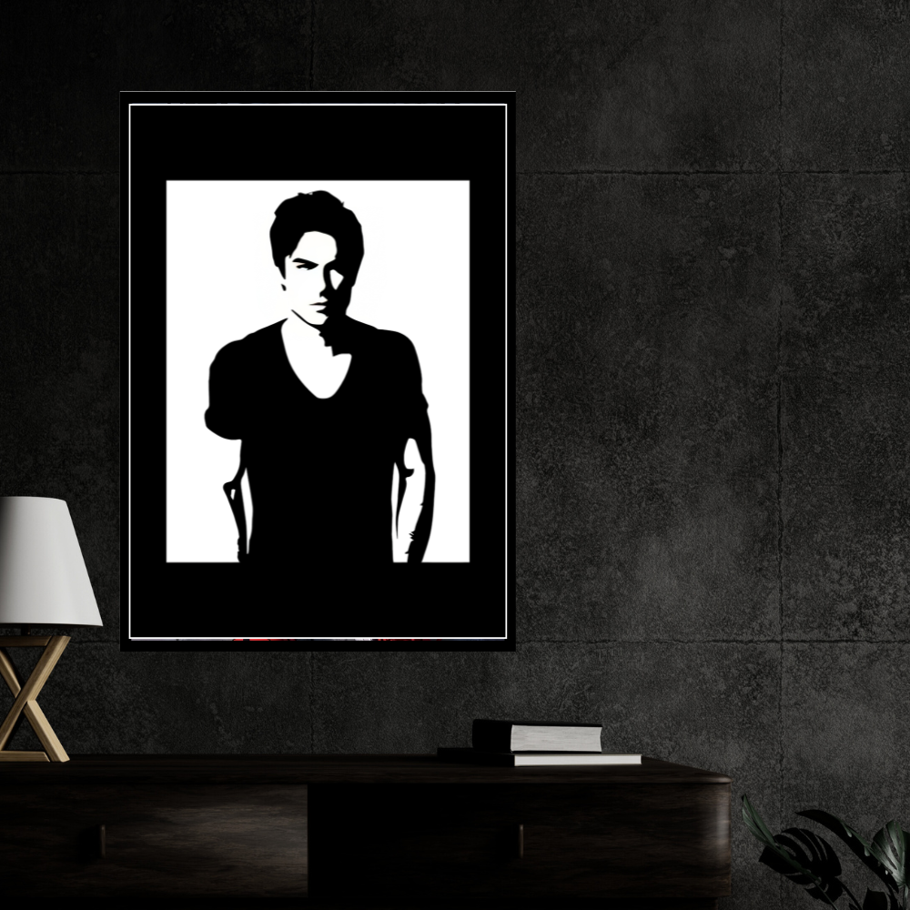 Damon Salvatore Inspired Portrait 2D Framed Wall Art Poster | The Vampire Diaries Aesthetic | HD Gloss Finish Black & White Silhouette Frame for Bedroom & Studio