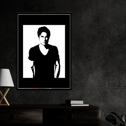 Damon Salvatore Inspired Portrait 2D Framed Wall Art Poster | The Vampire Diaries Aesthetic | HD Gloss Finish Black & White Silhouette Frame for Bedroom & Studio