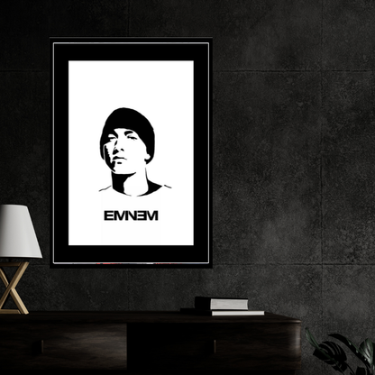 Eminem Inspired Minimalist Portrait 2D Framed Wall Art Poster | Hip-Hop Rap Icon Aesthetic | HD Gloss Finish Black & White Silhouette Frame for Bedroom & Studio Décor