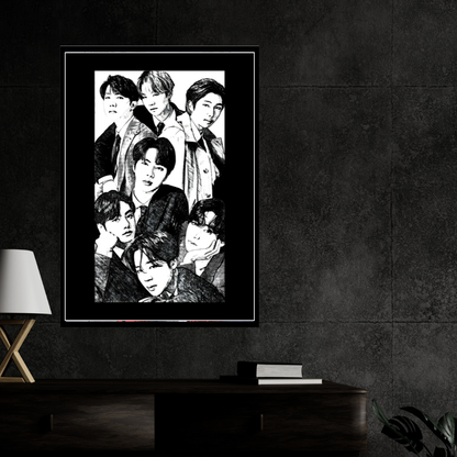 BTS Inspired K-Pop Boy Band 2D Framed Wall Art Poster | 7-Member Music Icon Sketch Design | HD Gloss Finish Fan Art Frame for Bedroom, Studio & Modern Home Décor