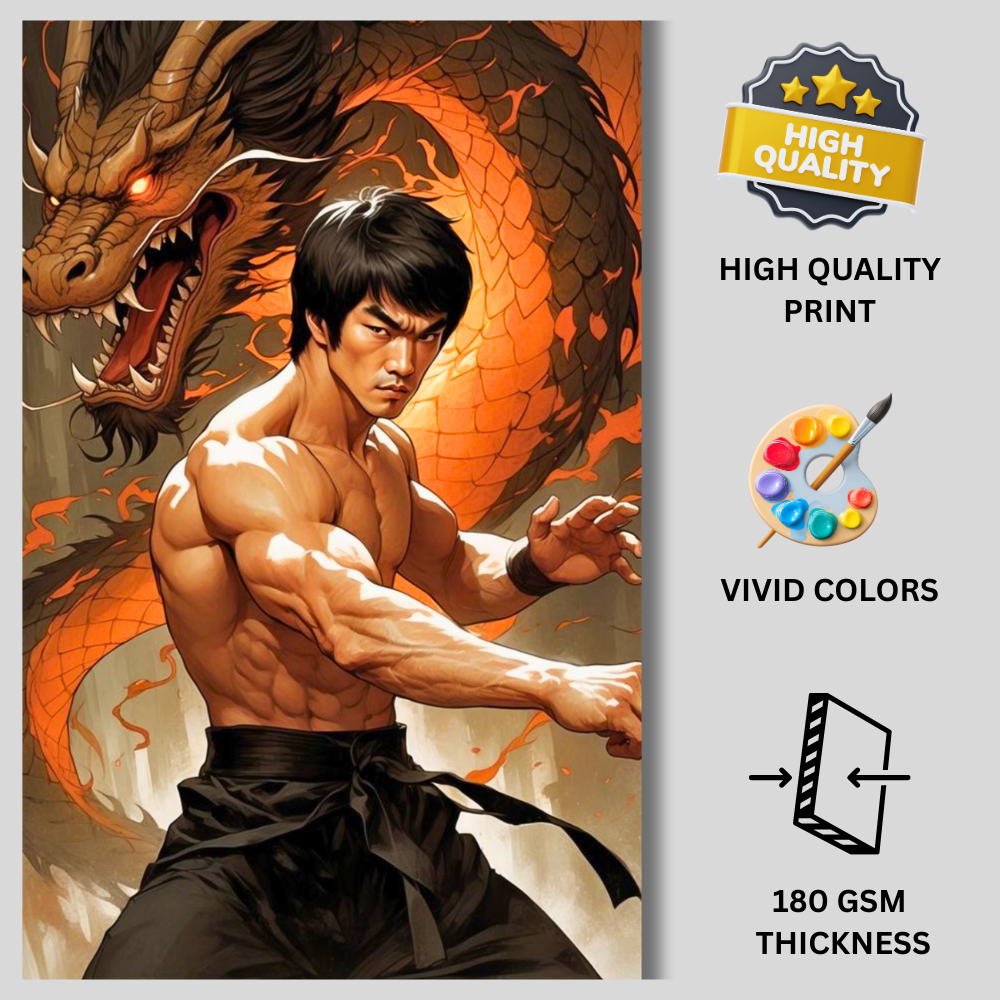 Bruce Lee Martial Arts Wall Poster with Dragon | Premium Glossy Kung Fu Wall Art for Bedroom, Gym & Office | High Quality Print