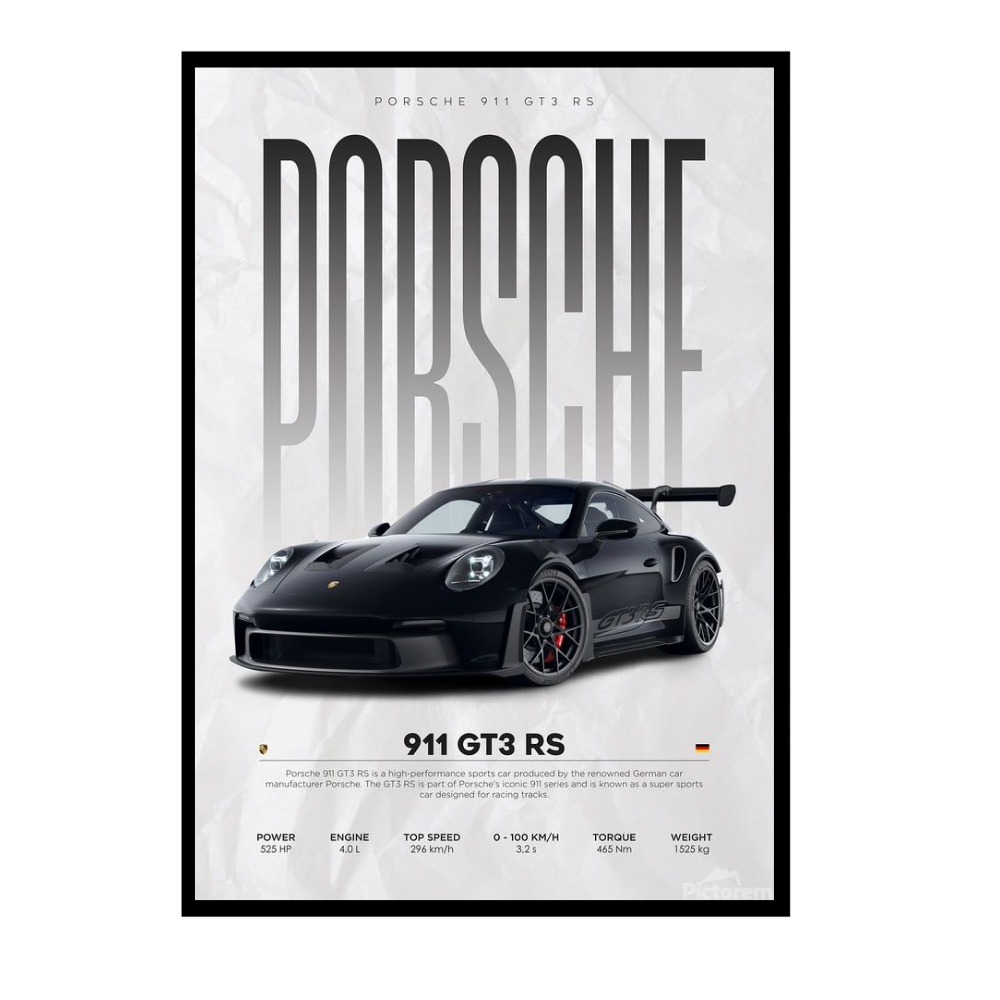 P0RSCHE 911 GT3 RS Inspired 2D Wall Art Frame – A4 Premium High-Gloss Sports Car Poster | Luxury Performance Car Décor for Home, Office & Studio