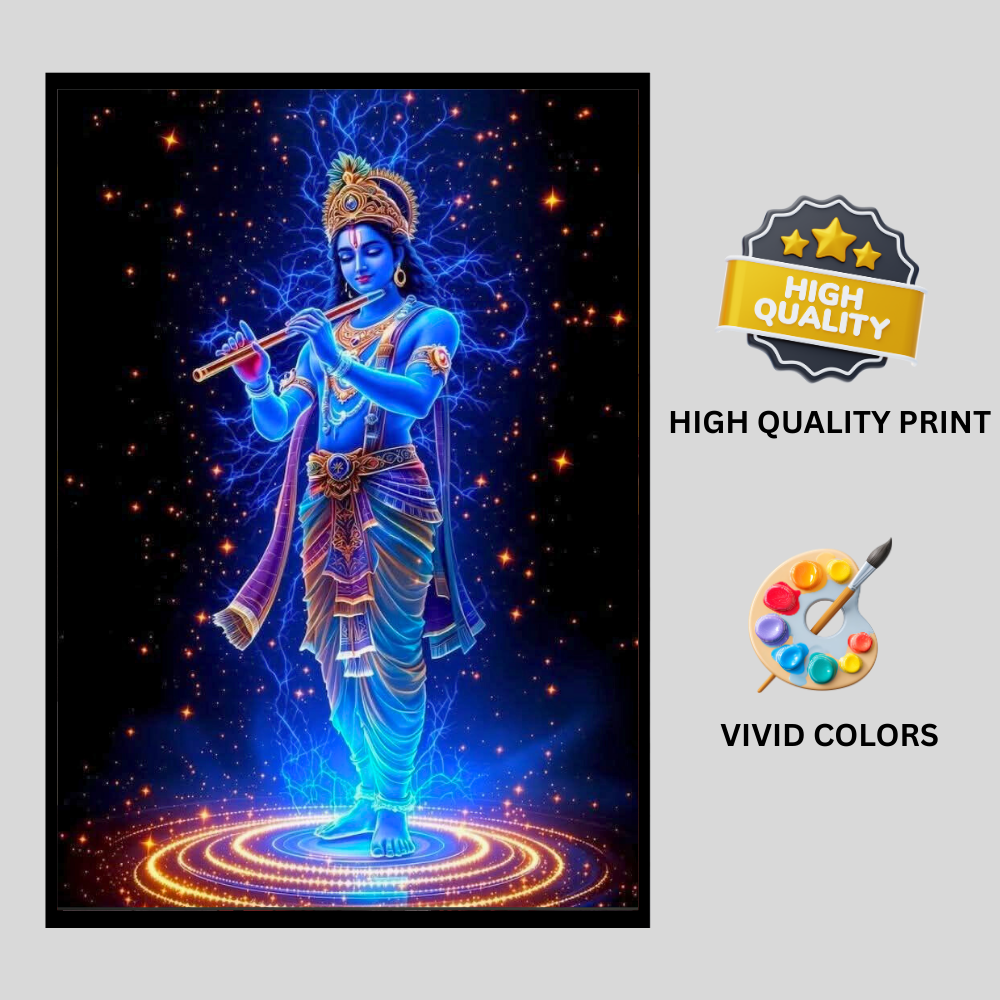 Lord Krishna Playing Flute Cosmic Wall Art | HD Glossy 2D Frame | Divine Krishna Spiritual Poster for Home Mandir, Living Room & Meditation Space